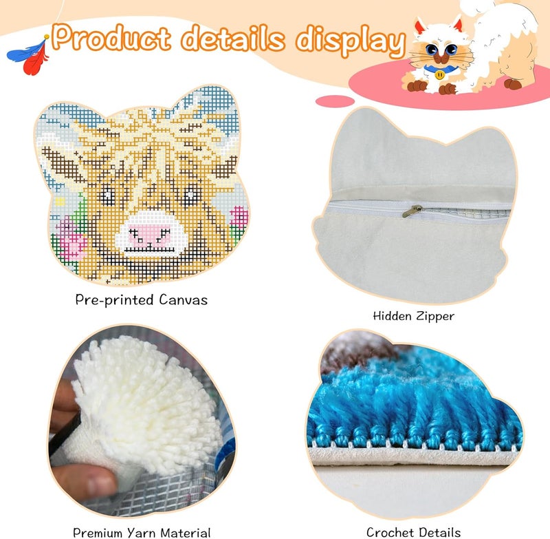 YP Cute Highland Cow Cattle Floral Latch Hook Kits Pillow Crochet Yarn Preprinted Pattern Needlework Kit DIY Pillowcase Hook Rug Crafts Kits,Home Sofa Decoration 17"X17" - Image 3